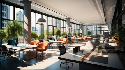 Co-working space office and sharing desk in corporate workspace.