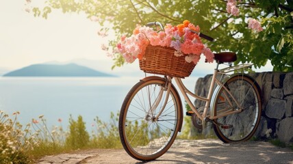 Fototapeta na wymiar A bicycle with a basket full of flowers overlooking the sea