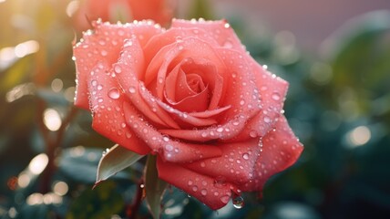 A dew-covered red rose in the soft morning light