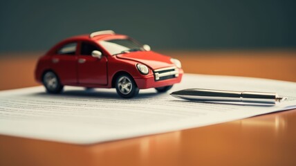Toy car on a car insurance policy document with pen, concept of insurance