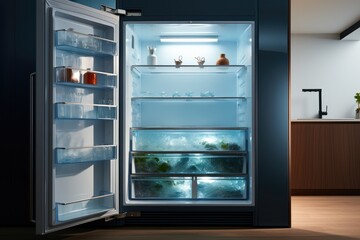 An open cabinet refrigerator, Frozen, Freezing effect, Modern simplicity.