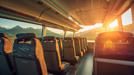 comfortable passenger bus interior with upholstered seats; individual transfer for a group of people conversion of the interior of truck - obrazy, fototapety, plakaty