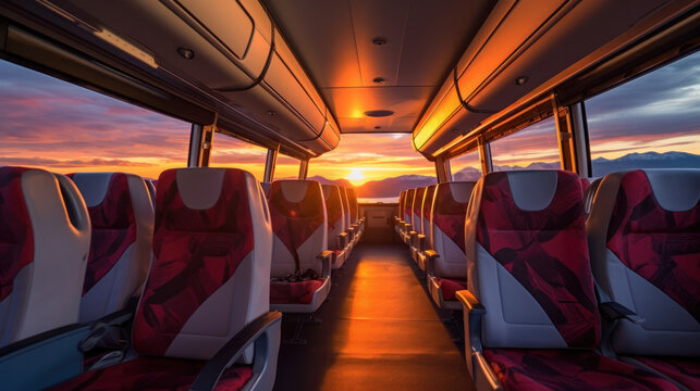 comfortable passenger bus interior with upholstered seats; individual transfer for a group of people conversion of the interior of truck