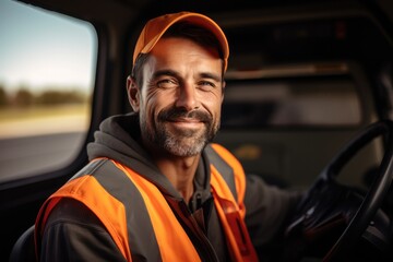 Portrait of a delivery driver on a highway.