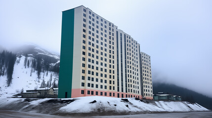 Big colorful condo building on the seaside, near the mountain, in a northern country. Modern living in harsh climate, in a remote location. Cold and moody winter day, gloomy weather.