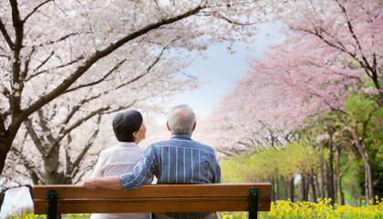 毎回の桜を眺めるシニアカップル - obrazy, fototapety, plakaty