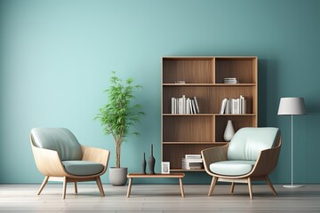Modern living room with two arm chair, blue walls, marble wall and plant. Created with Ai