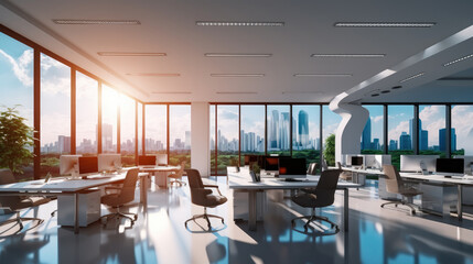 Fototapeta na wymiar Professional modern open plan office background for Zoom, Meeting online.
