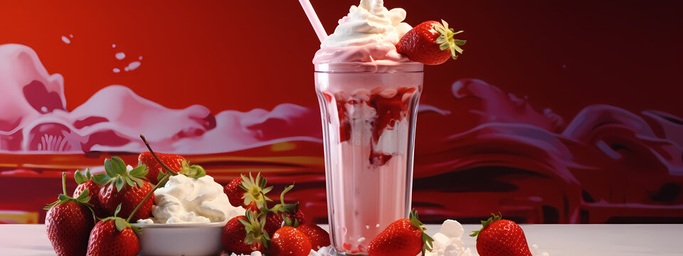A high-detail advertising-style image of a delicious strawberry milkshake
