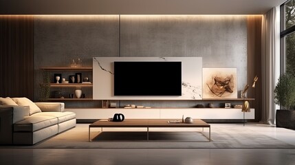 Modern living room with tv, grey walls, wooden floor, sofa and table. Created with Ai
