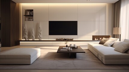 Modern living room with white walls, tv, wooden walls, sofa and table. Created with Ai