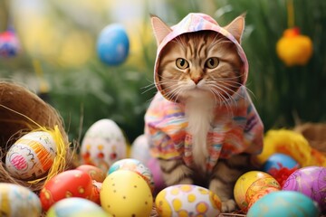 Fototapeta na wymiar Cute cat with easter holiday eggs background 