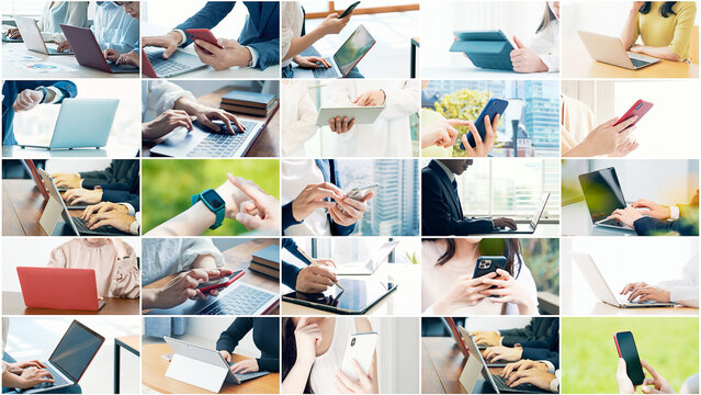 様々なモバイル端末の使用シーンのコラージュ