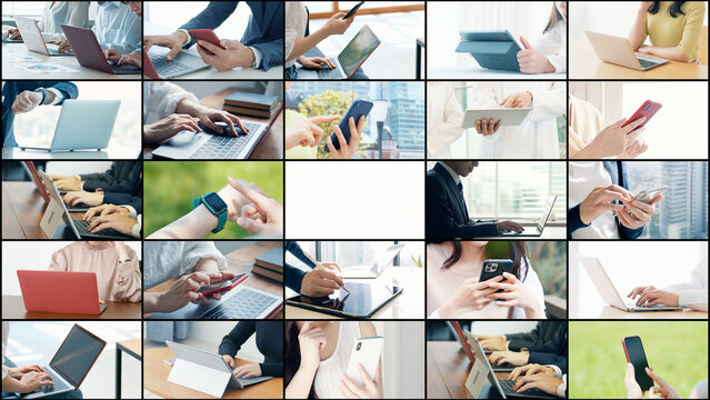 様々なモバイル端末の使用シーンのコラージュ