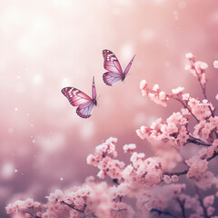 Beautiful flowers and butterflies spring light pink pastel background