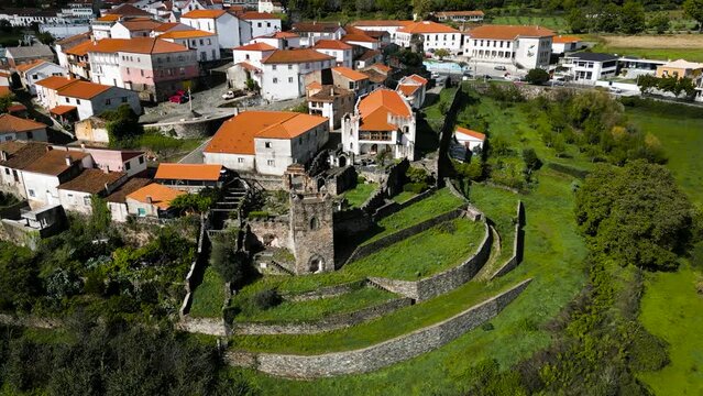 Drone descends to promenade grass lawn walls in Vinhais, Braganza, Portugal