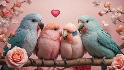 Sweet Whimsy: Lovebirds and Hearts on Valentine's Day. Generative AI