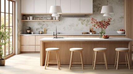 Fototapeta na wymiar Modern kitchen interior with chairs and table, light, sink, cabinet and window. Created with Ai