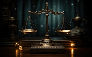 Scales of Justice in the dark Court Hal - obrazy, fototapety, plakaty