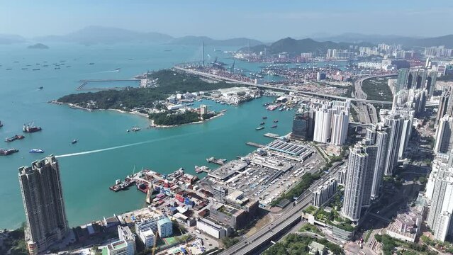 Drone aerial shot Skyview in Tai Kok Tsui Olympic Nathan Road Tsim Sha Tsui Mong Kok Jordan Austin Yau Ma Tei Central West Kowloon Hong Kong , a commercial hub with the financial of the Victoria Harbo