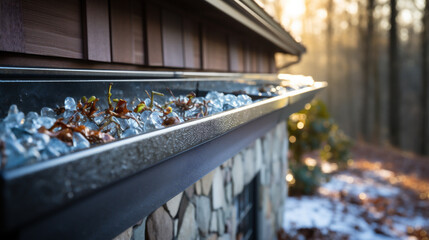 Close-up of icicles on the roof of a house in winter