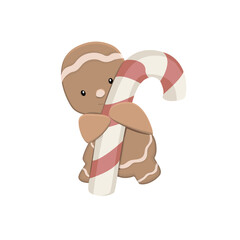 Gingerbread man holds christmas candy cane in his hands. eps 10