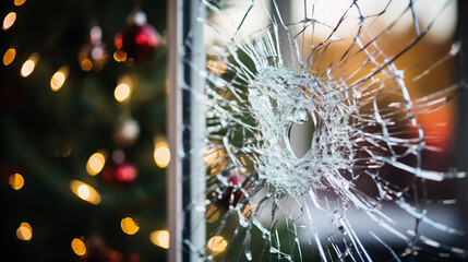 Broken glass on the background of the Christmas tree and garlands