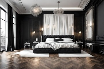 Black and white luxury bedroom interior with double bed standing on wooden floor and two original...