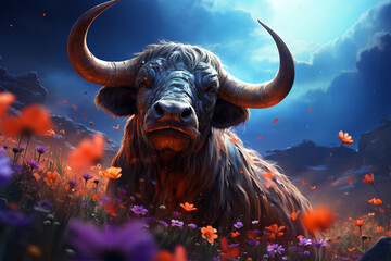 buffalo in the flower garden - obrazy, fototapety, plakaty