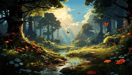 Obraz premium Summer's Serene Haven Vibrant Forest Glade with Blossoming Grass and Butterflies
