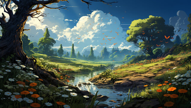 Summer's Serene Haven Vibrant Forest Glade with Blossoming Grass and Butterflies