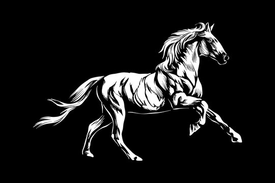 Vector illustration of a white horse running on a black background