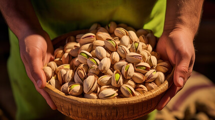 Woman hands holding pistachio nuts in bazaar. Brown beer nuts salted pistachio nuts in female hands...