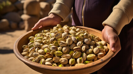 Woman hands holding pistachio nuts in bazaar. Brown beer nuts salted pistachio nuts in female hands...