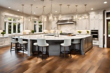 **Luxury kitchen interior with island sink , cabinets , and hardwood floors in new Luxury home--
