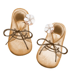 Watercolor drawing of a newborn boho baby's boot. Cute first shoes for baby with cotton flowers isolate on white background. For designing cards and invitations for baby shower and birth of a child.