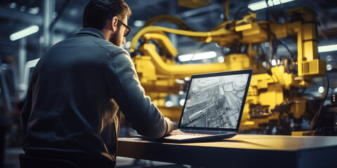 Factory Engineer in High Visibility Vest Using laptop computer. Industrial Manufacturing Production with Robotic Technology