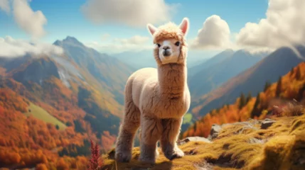 Poster Llama Standing in Nature Landscape, Looking at Camera © Rosie