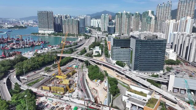 Drone aerial shot Skyview in construction Central Kowloon Route, a dual lane tunnel highway flyover carriageway linking Yau Ma Tei Tsim Sha Tsui West Kowloon and Kai Tak, alleviating the congestion of