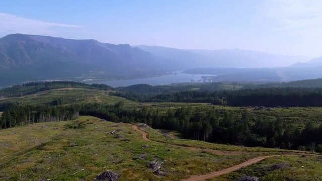 Scenic Aerial Overlook of the Columbia River Gorge with Mount Hood peeking in the distance