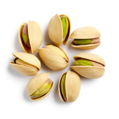 Pistachio with leaves in closeup on white background
