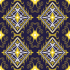 Special abstract silk pattern, navy blue, yellow, white, Ikat style. Used in textile work, wallpaper or other fabric work.