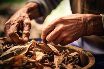 Closeup of hands making cigar from tobacco leaves. Traditional manufacture of cigars. 