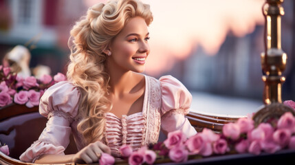 Young pretty woman in a Venetian ball dress beams joyfully amidst pink roses in a gondola floating to venetian canal, epitomizing romance and theatre of Venice's famed carnival