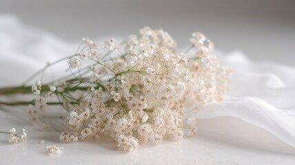 baby's breath on white fabric background for copy space, wedding card, template, design etc. Generative AI 
