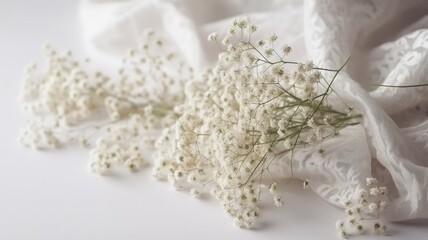 baby's breath on white fabric background for copy space, wedding card, template, design etc. Generative AI 
