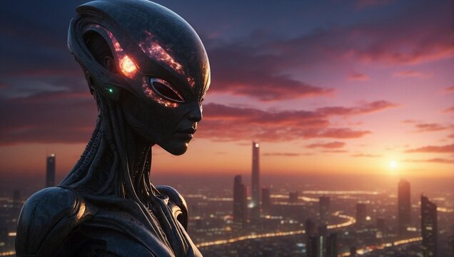 Alien Observing Futuristic Cityscape. Generative AI