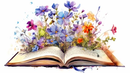 vintage charm: watercolor flowers blossoming from an open book - vector illustration on white background