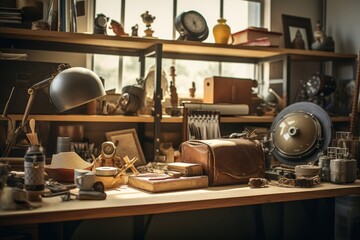 Vintage objects and antiques on collectors display shelf. Nostalgia and history.