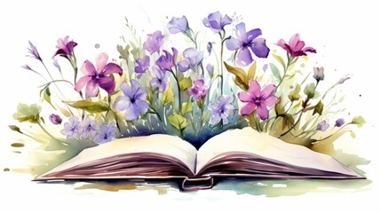 vintage charm: watercolor flowers blossoming from an open book - vector illustration on white background